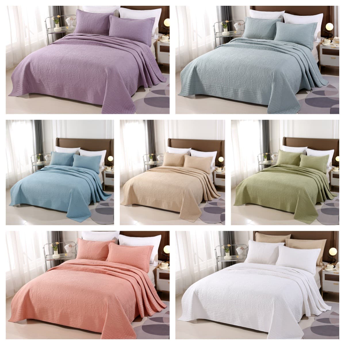 European-style Cotton Quilted Bed Cover 3-Piece Set, Reversible, All-Season, Quilted Bedspread and Fitted Sheet, Multiple Colors Available