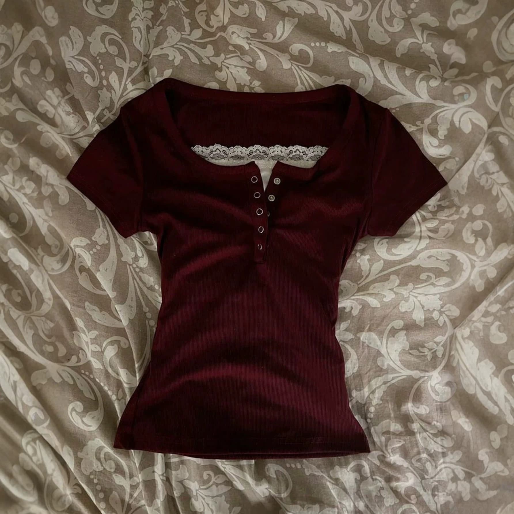 2026 Summer European and American Cross-Border Two-Piece Lace Trim Contrast Color Slim Fit Button Short Sleeve T-Shirt Top for Women
