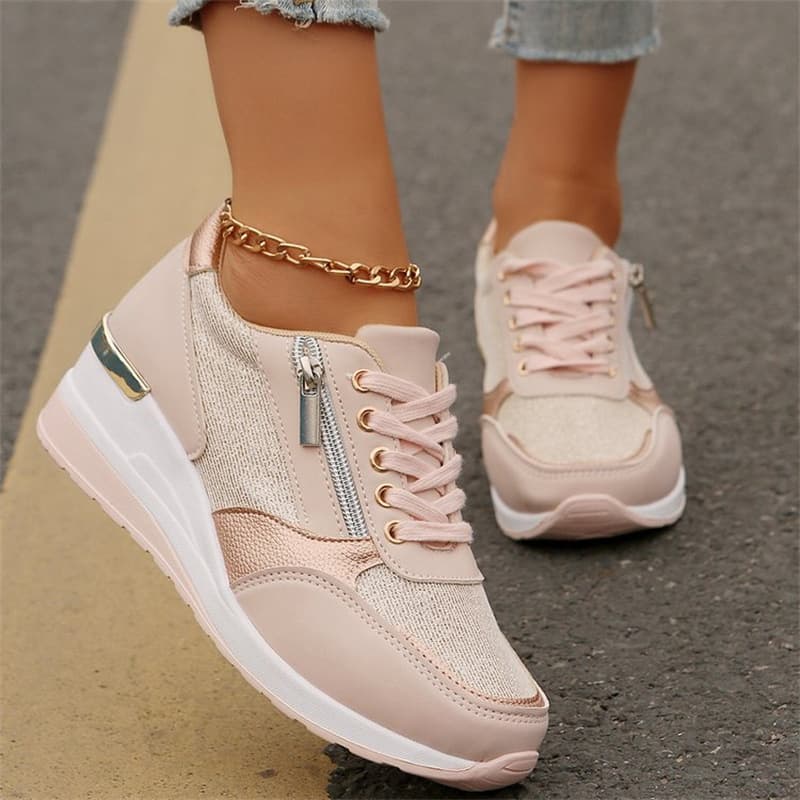 Wholesale Large Size Women's Wedge Heel Shoes with Front Lace and Side Zipper, Casual Sports Flats for All Seasons