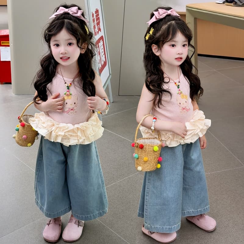 Girls' Fashionable Set 2026 Summer New Children's Ruffle Cartoon Camisole Top Baby Denim Wide-Leg Pants