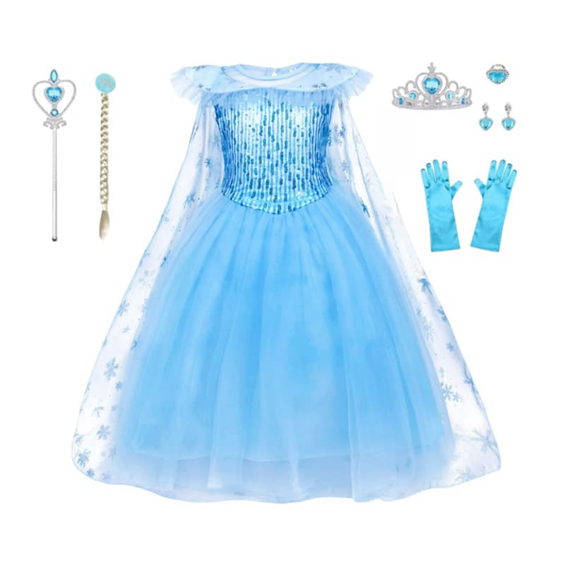 New Summer Children's Elsa Princess Dress Frozen Tulle Cape Girls' Holiday Gown Dress with Accessories