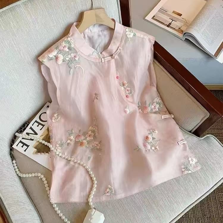 New Chinese Style Women's Top with Heavy Embroidery, Summer Thin Sleeveless, Luxurious and Versatile High-End Cheongsam Blouse