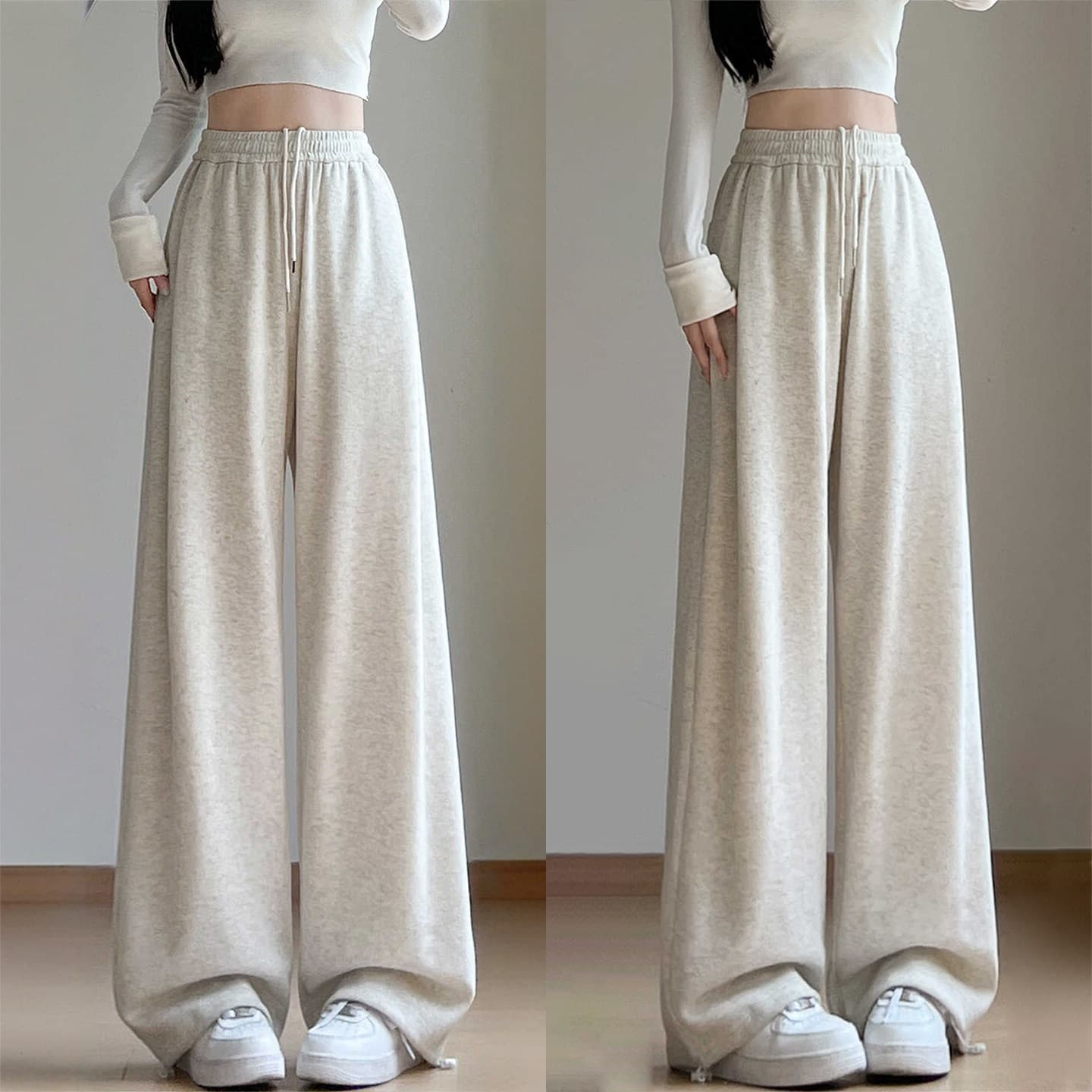 White Gray Casual Sweatpants for Women 2026 New Summer, Draped Loose Fit Joggers, Petite Straight Narrow Wide Leg Pants