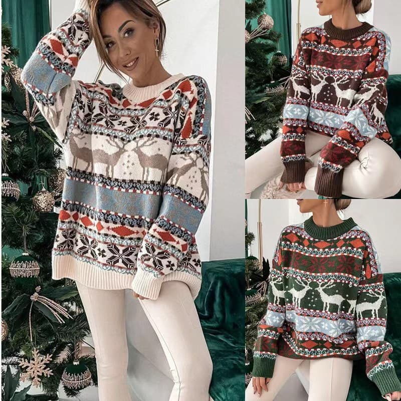 Amazon Best Seller Knit Sweater 2024 European and American Cross-Border Round Neck Loose Fit Christmas Theme Jacquard Long Sleeve Women's Sweater