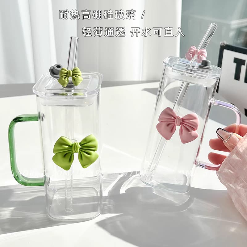 Large and small bow transparent simple square water cup ins style bow with handle glass straw cup high temperature resistant