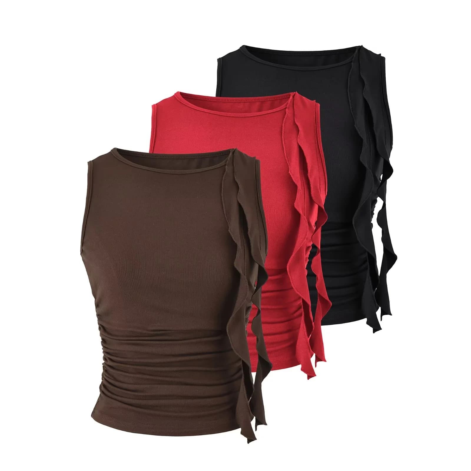 Sexy Sleeveless Vest Top for Women Summer, Designed with Ruffled Straps, Wrinkled Texture, Tight Fit, Short Length, Layering or Outerwear