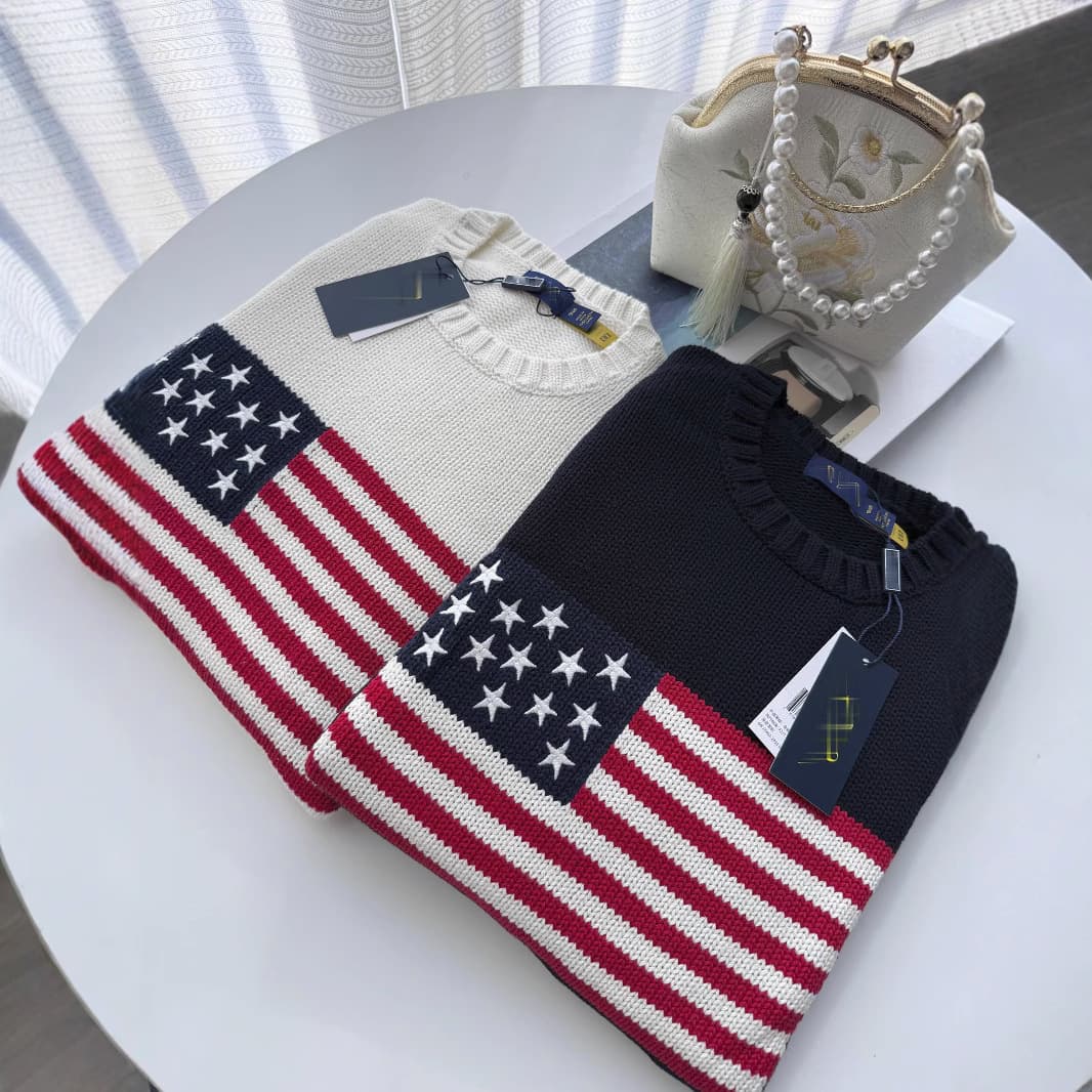 RL/QR code available for 2025 autumn/winter new pure cotton heavy-work embroidered American flag round-neck knit sweater for men and women