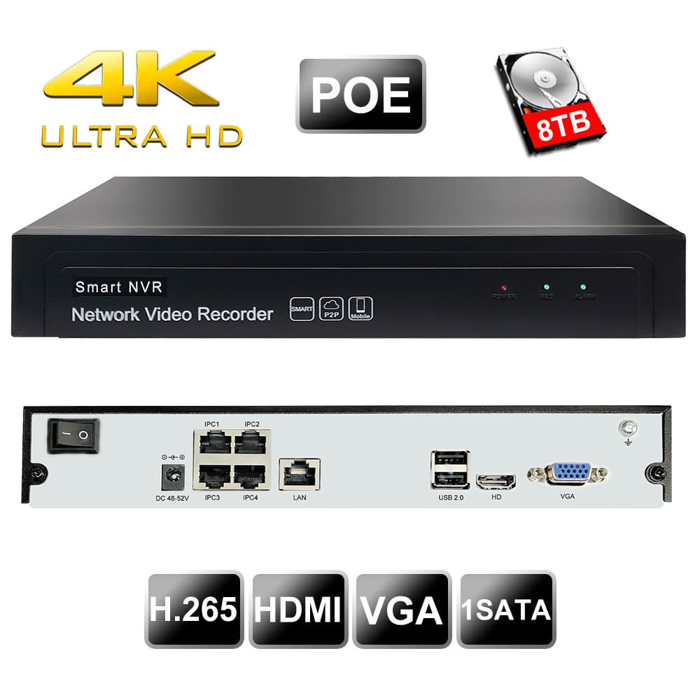 HD Network Video Recorder Supports 16CH 5MP IP Network Cameras 4-Channel POE NVR