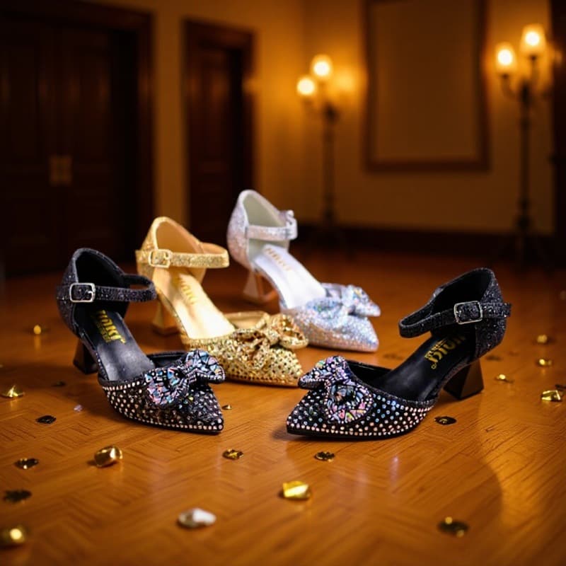 Factory Wholesale High Heels 2025 New Children's Elastic Bow Decor Rhinestone Shoes, Light Luxury HAKIshoe