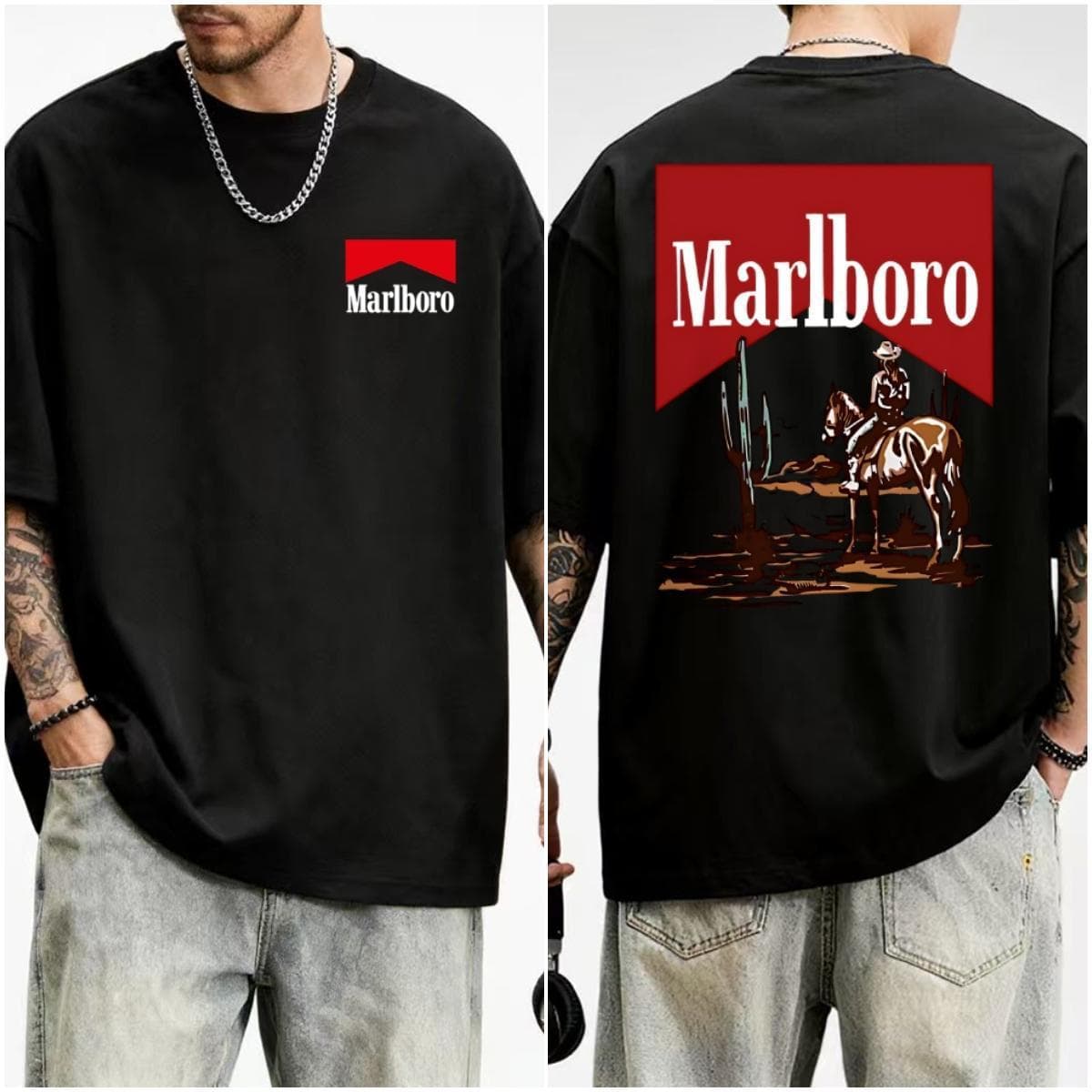 Cross-border pure cotton European size Cowboy Desert Marlboro T-shirt, Western-style gr