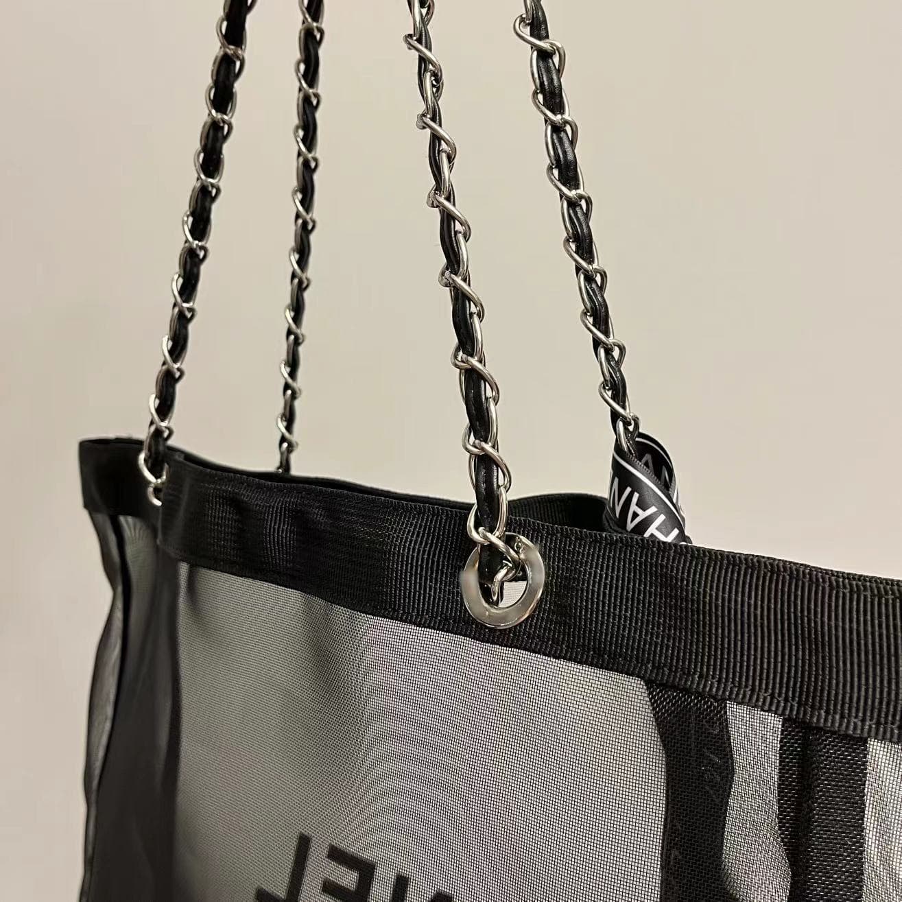 Nylon Mesh Tote Bag Beach Bag Shoulder Bag Chain Bag Black and White Large Capacity Women's Bag