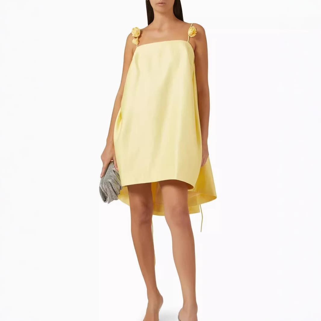 2025 spring and summer European and American cross-border new sexy yellow backless three-dimensional flower suspender skirt short skirt