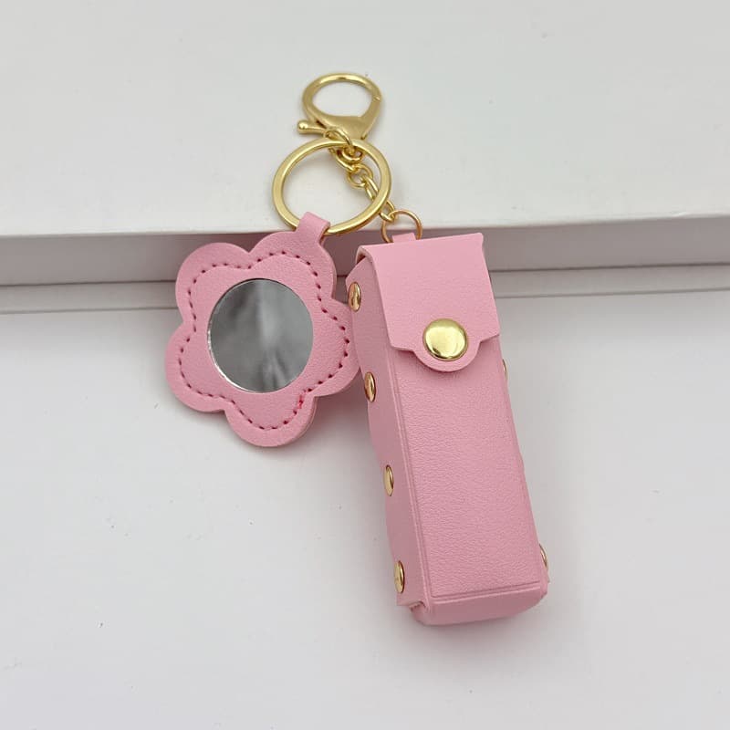 Cute leather flower small mirror keychain portable cosmetic mirror pendant creative gift macaron portable