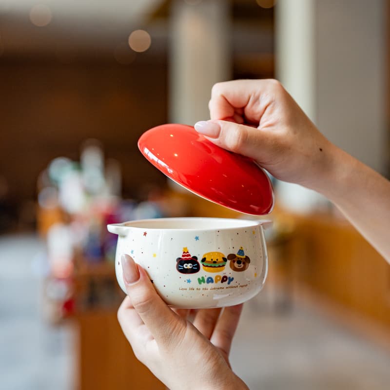 Cute Kids Ceramic Rice Bowl with Lid, Couple & Parent-Child Bowl, Yogurt Fruit Bowl, Baby Complementary Food Tableware
