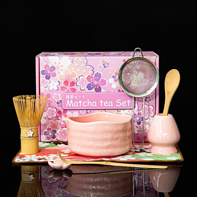 Cross-border Pink Japanese-style Chrysanthemum Matcha Tea Set with Spout, Japanese Matcha Bowl Set Wholesale