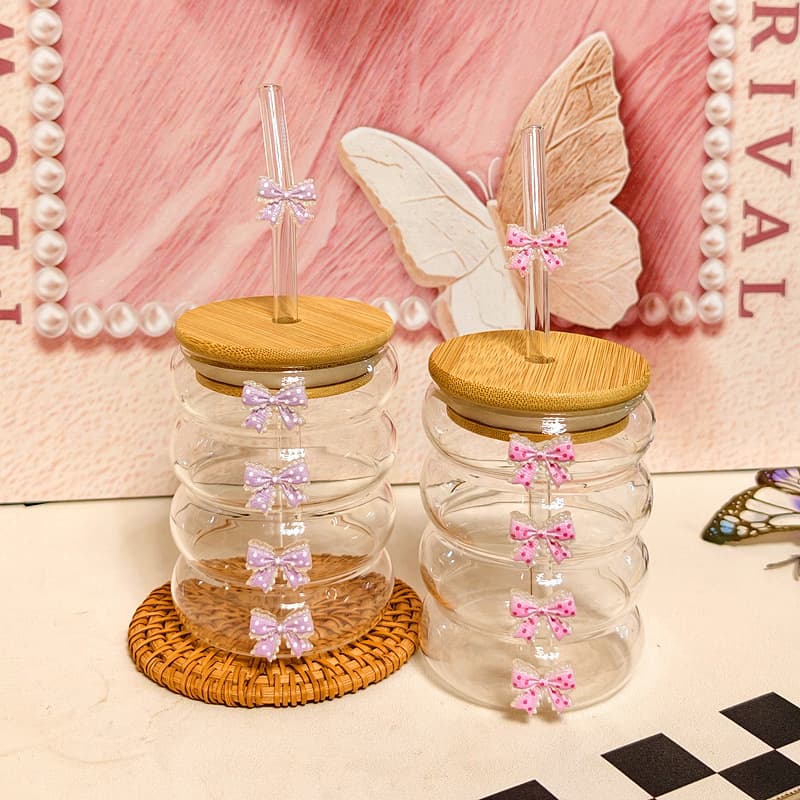 Girls' Cute Glass Bow Creative Straw Water Cup Household Cola Beverage Coffee Cup with Bamboo Lid