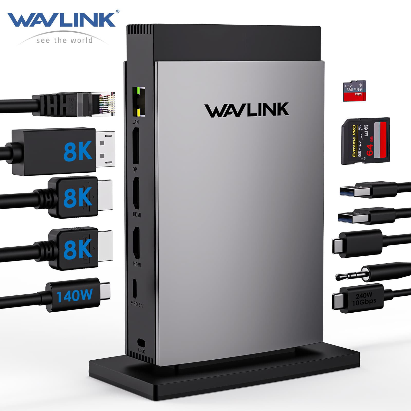 WAVLINK Dual 8K HDMI + 8K DisplayPort with PD3.1 140W Charging 11-in-1 USB-C Docking Station