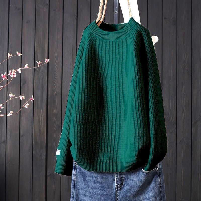 2024 Autumn/Winter Fashionable Round Neck Solid Color Striped Simple Loose Knit Pullover Women's Thick Sweater