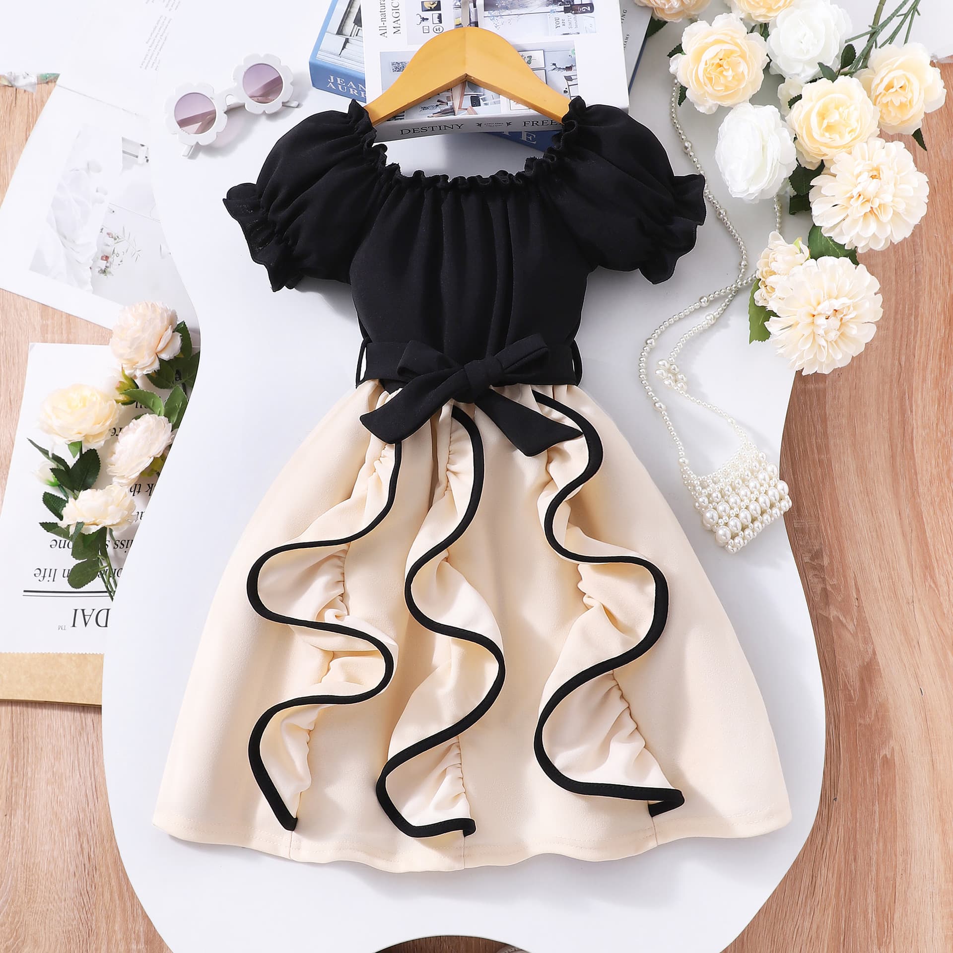 Children's (Girls') Dress, Short-Sleeved Dress with a Wavy Hem and Corseted Waist