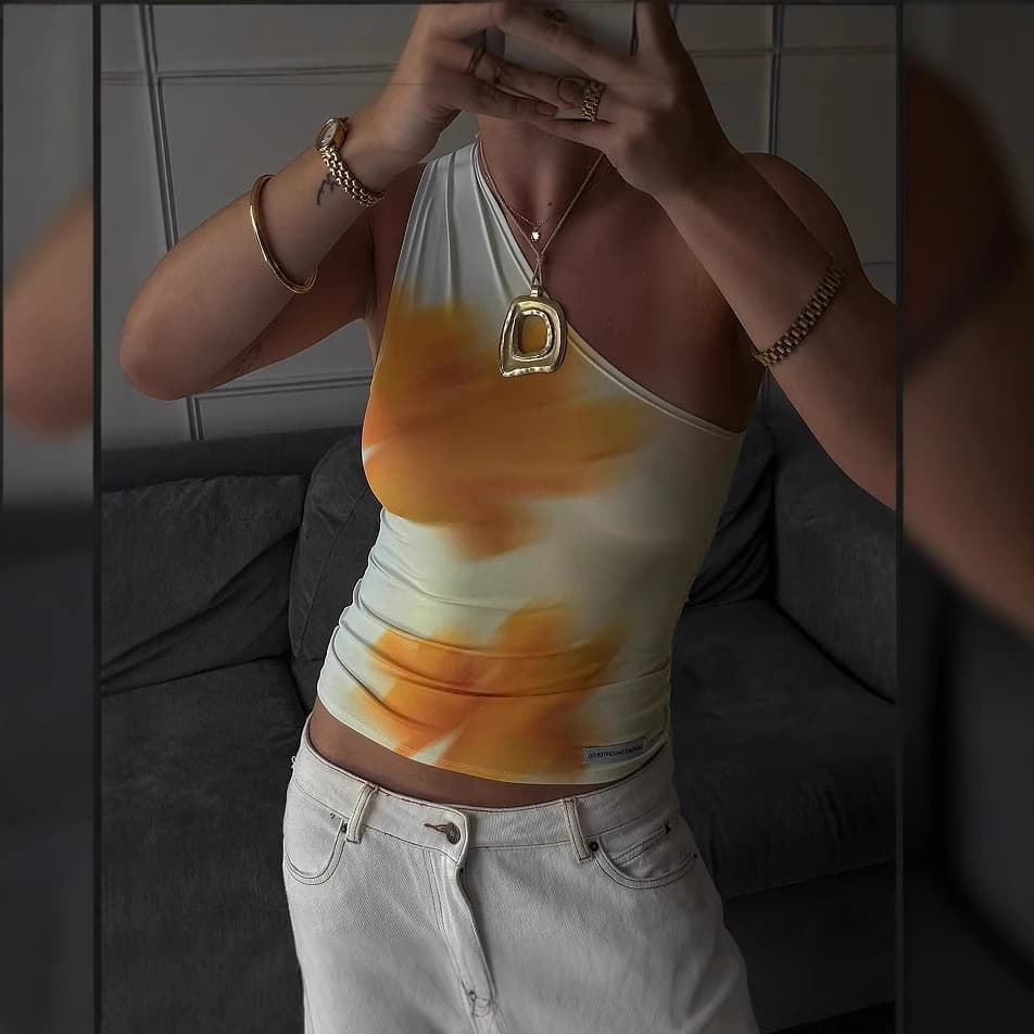 2025 Amazon new summer women's clothing European and American sexy fashion oblique shoulder sleeveless pleated slim printed vest