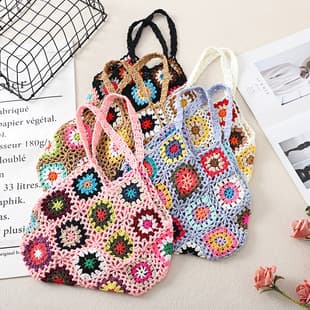 Granny Square Handmade Crochet Woven Yarn Wrist Bag Casual Travel Vintage Hollow Out Bag