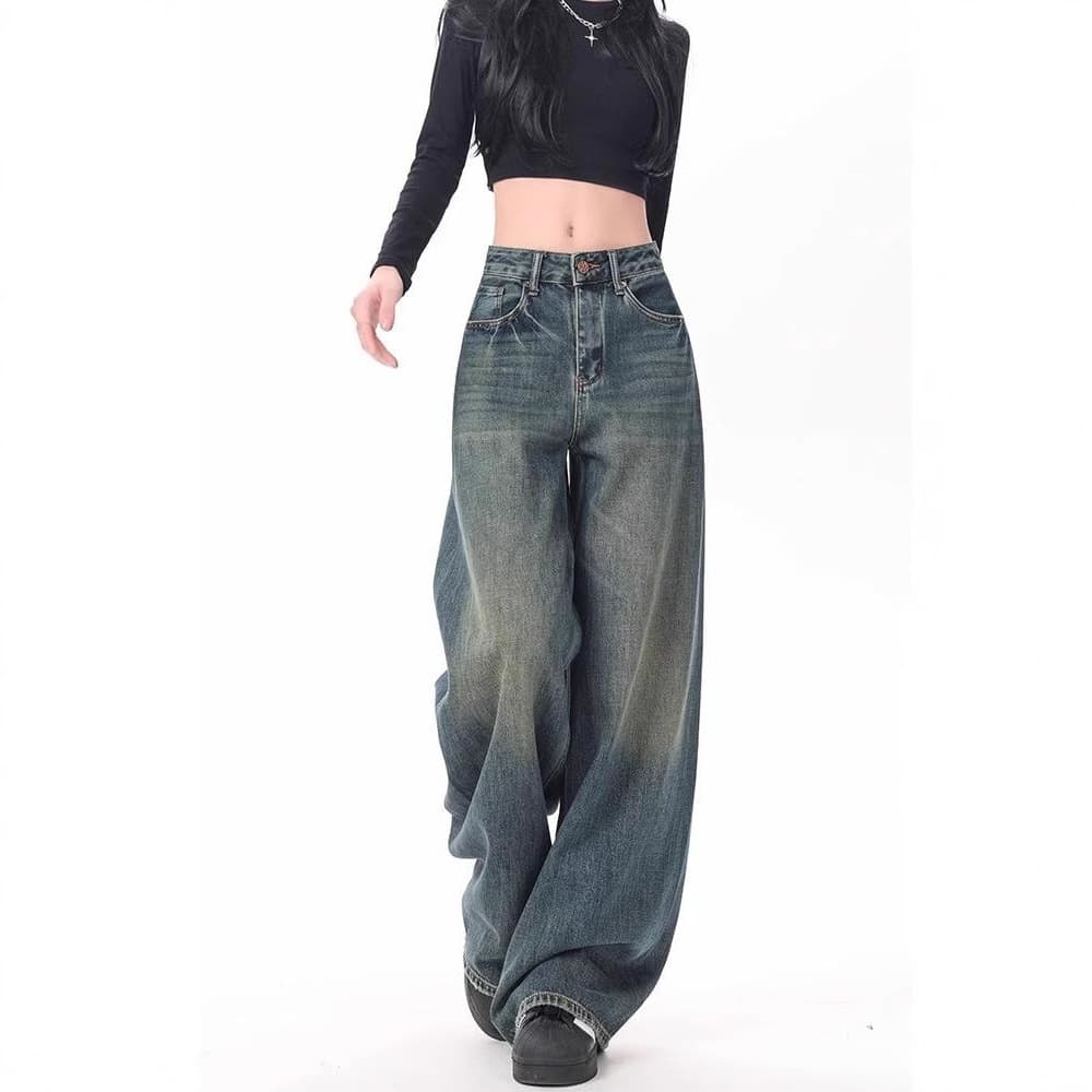Retro American Wide Leg Denim Jeans High Waist Loose Women's Straight Floor-Length Pants Spring Summer New Style Drapey