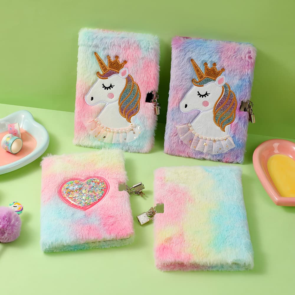 Cross-border new plush unicorn notebook children's cartoon cute locked diary student A5 record book