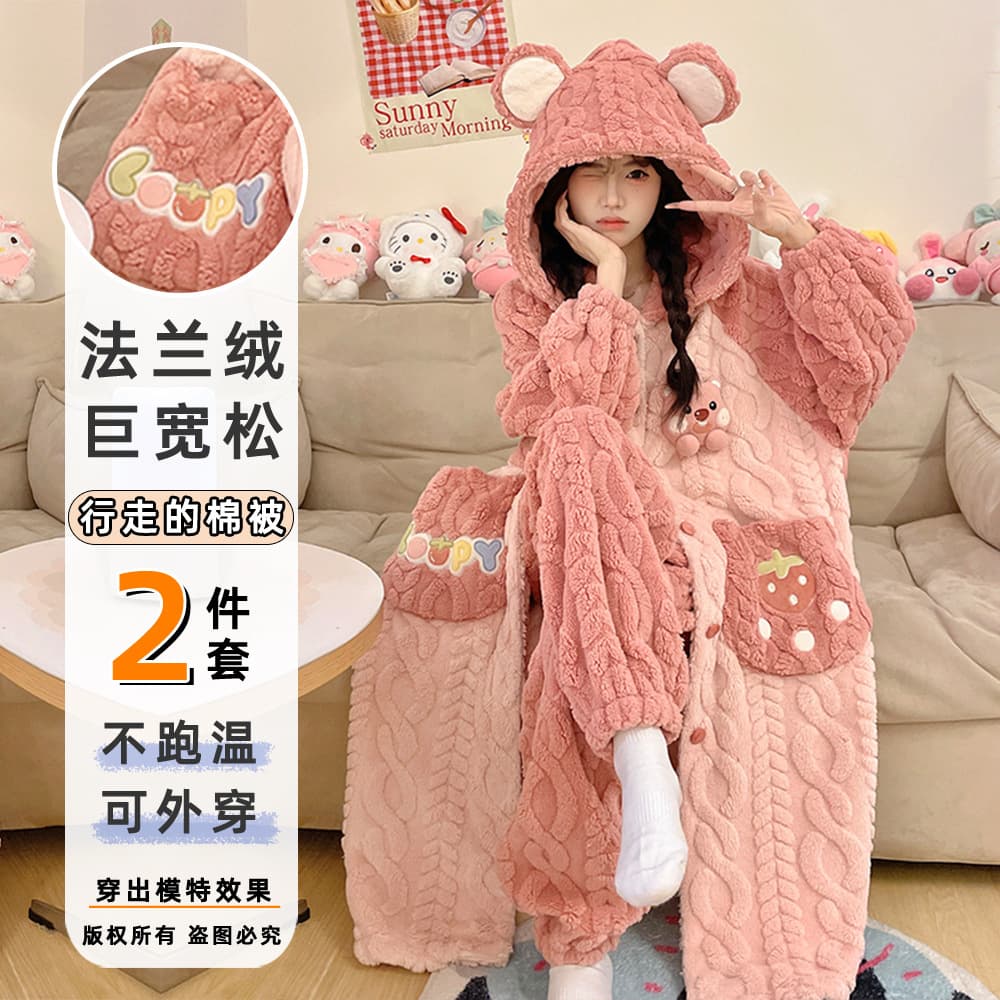Cross-border Coral Fleece Robe Women's Winter Fleece-Lined Thick New Cute Flannel Set Homewear Factory Direct