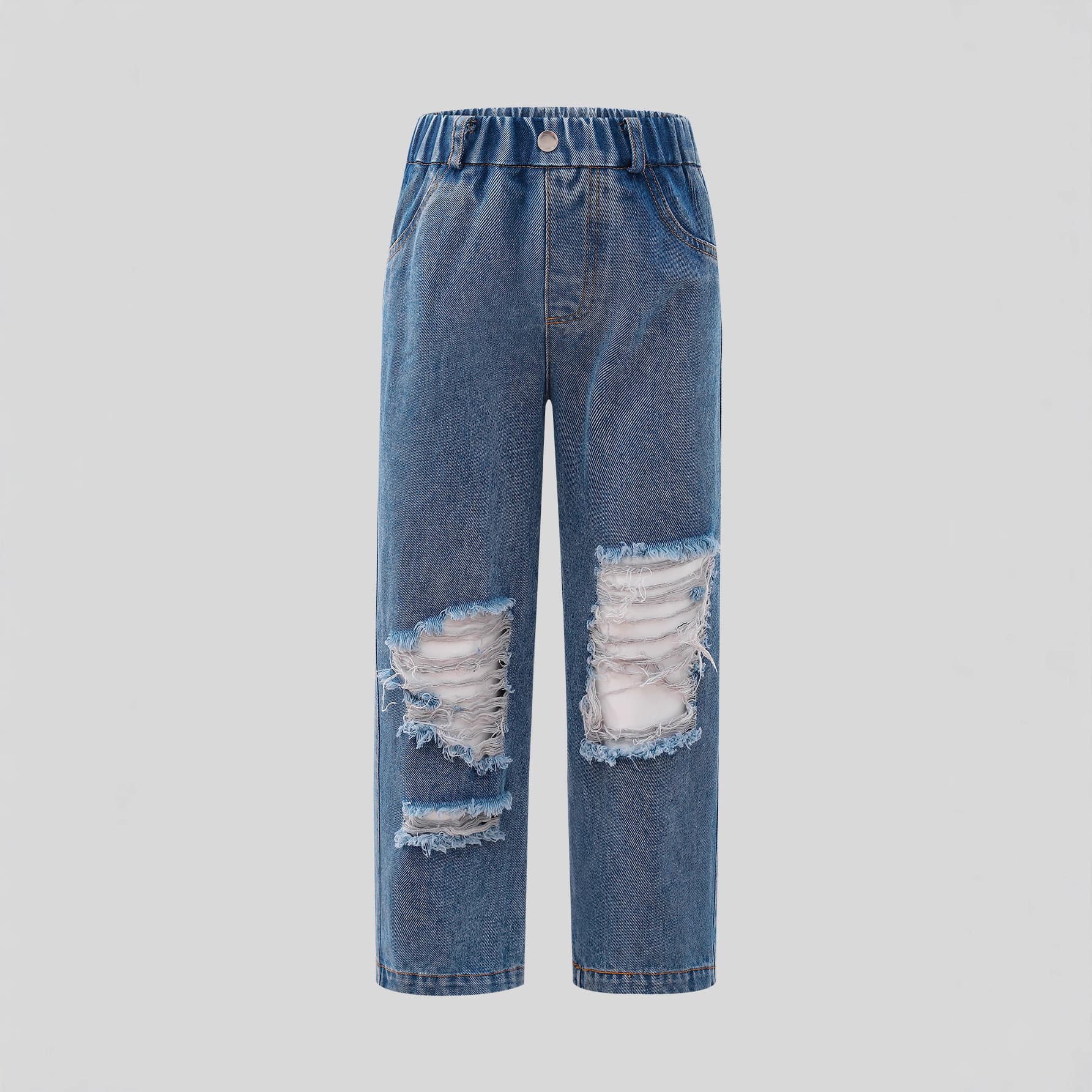 New Children's Jeans Cross-Border Blue Ripped Jeans Vintage Look Girls' Long Pants Straight Leg Pants for Big Kids
