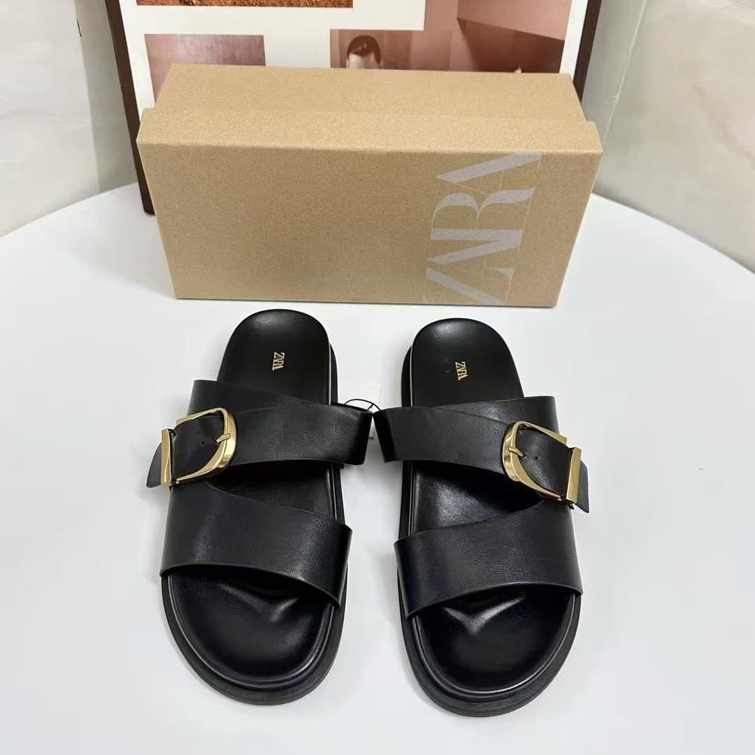 Lady Sandals Summer ZA New Cross-Border Metal Buckle Sandals Fashion Flat Platform Slides