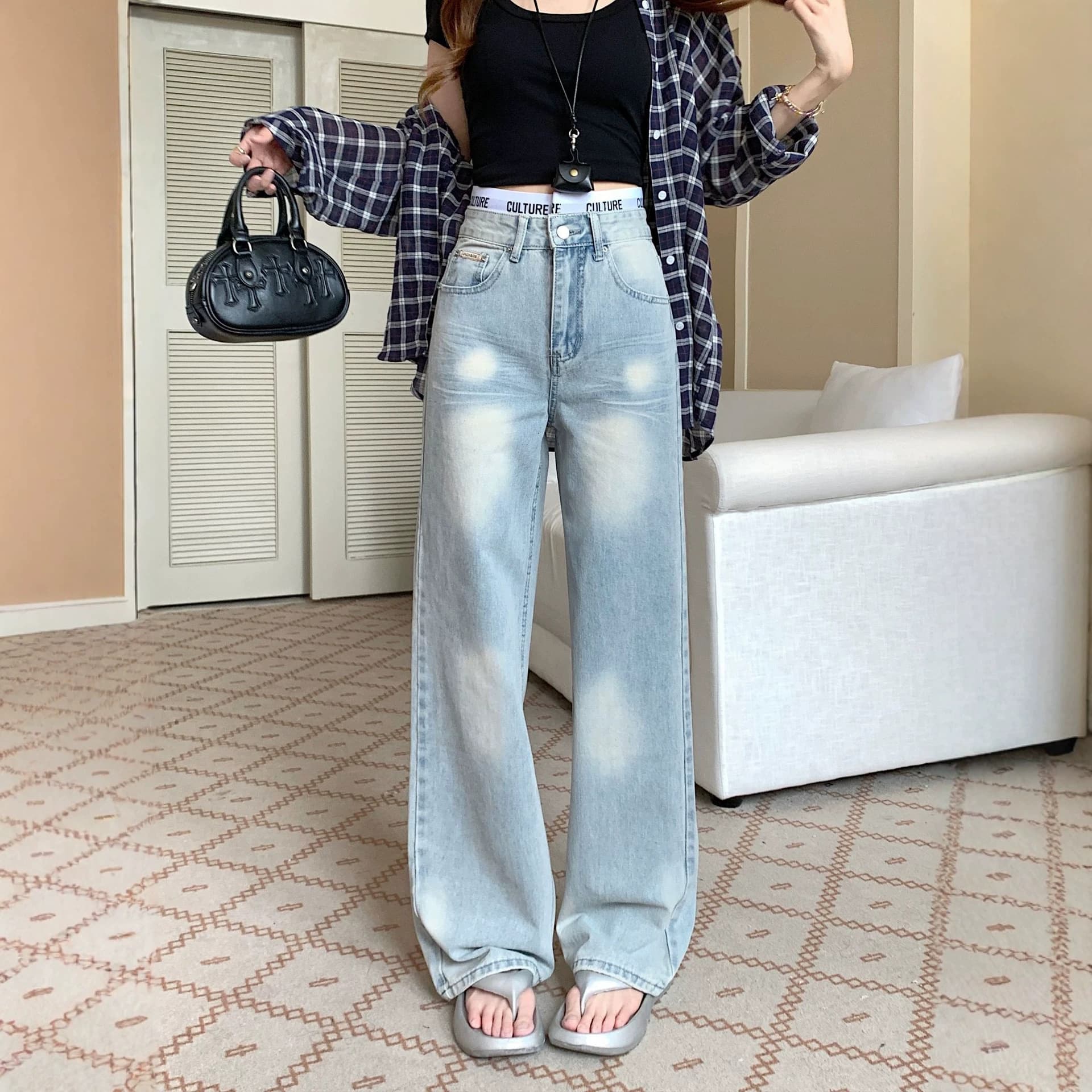 Actual Photo Light Blue Patchwork Vintage Washed Jeans for Women Spring/Autumn CK Faux Two-Piece High-Waist Loose Straight Wide-Leg Pants