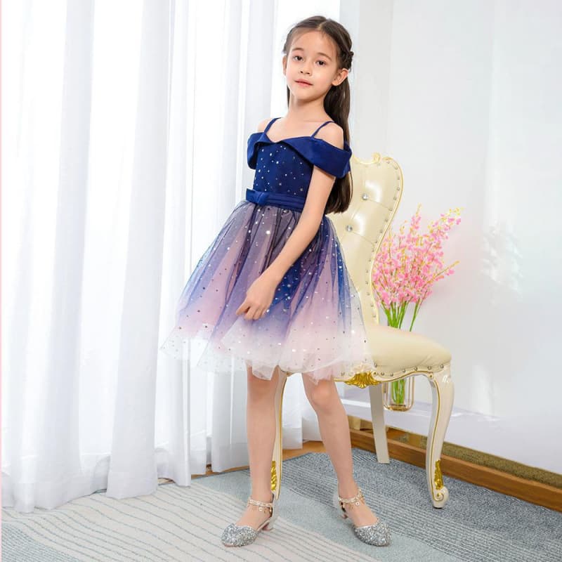 Girls Starry Sky Puffy Dress Net Gown Children's Performance Piano Show Off-Shoulder Tulle Skirt Wedding Pageant Dress