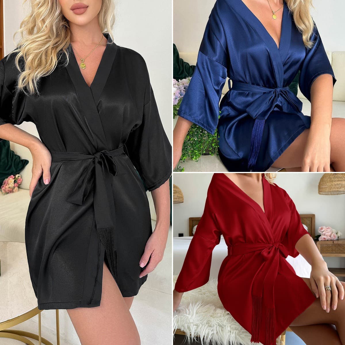 European and American Cross-border Mid-sleeve Women's Nightgown Summer Short Cardigan Lace-up Tassel Bathrobe Thin Home Sexy Pajamas