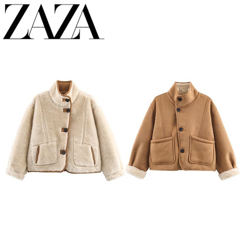 ZAZA homemade European and American style wholesale women's clothing, fashionable and versatile, cross-border reversible velvet warm jacket