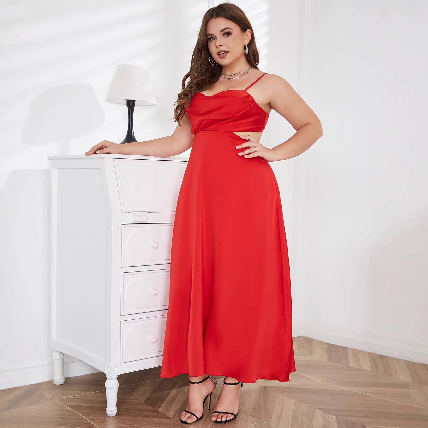 Cross-Border Summer New European and American Women's Sexy Elegant Plus Size Dress Cutout Backless Strap Maxi Dress