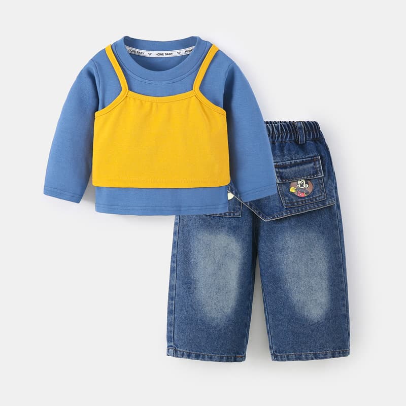 New Spring Girls' Long-Sleeve T-Shirt with Camisole, Kids' Autumn Trendy Denim Set