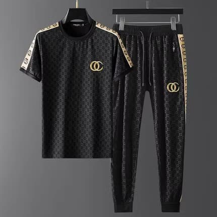 European Station High-End Ice Silk Casual Set Men's Summer Trendy Thin Sportswear Short Sleeve Pants Matching Set