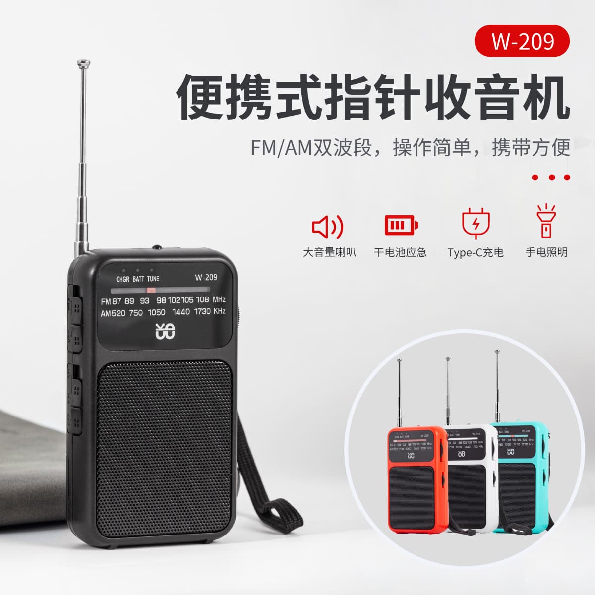 Dual-power Radio with Flashlight FM/AM Analog Dial Pocket Portable Large-font Back Clip W-209