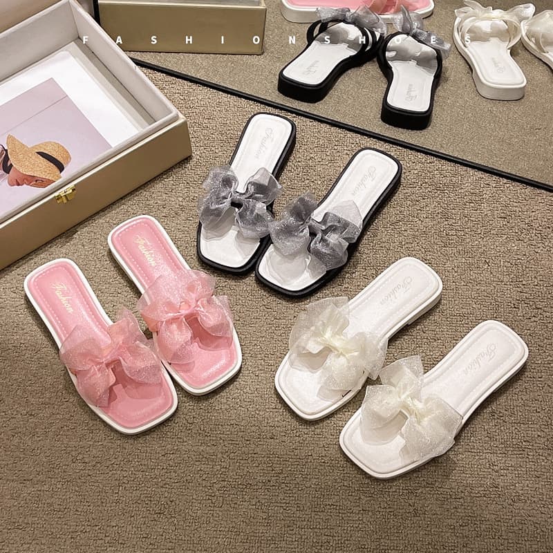 Girls' Square-Toe Slippers, New Summer Fashion Butterfly Bow Pink Outdoor Anti-Slip Wear-Resistant Sandals Wholesale