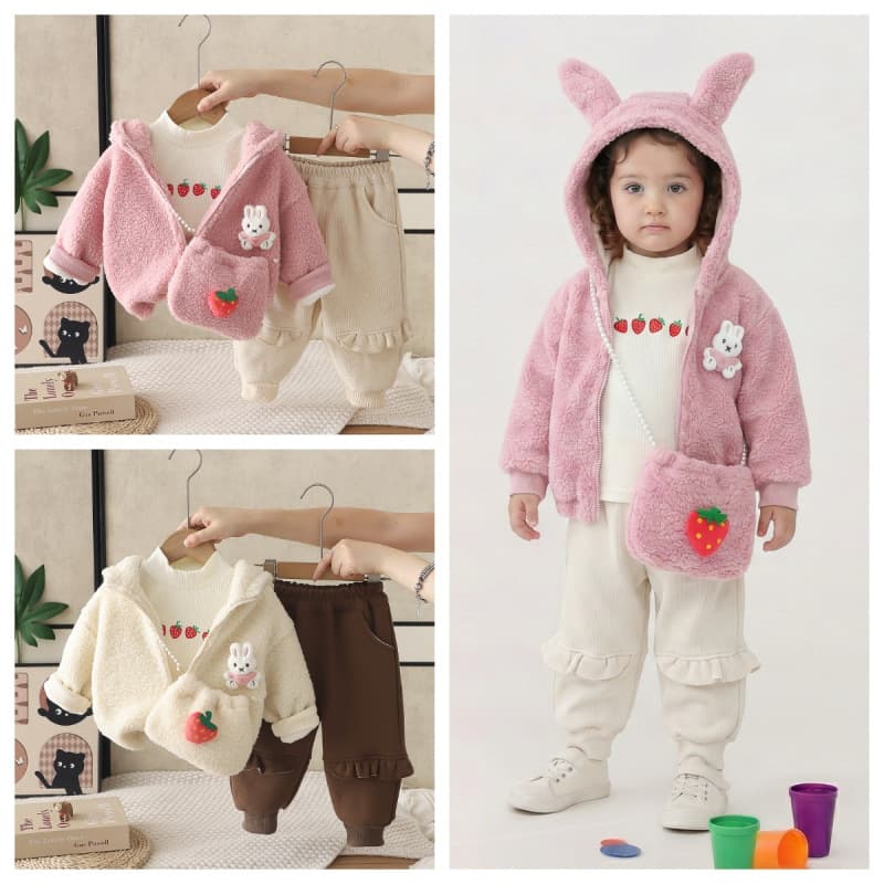 2026 New Girls' Fall/Winter Outfit Set, Kids' Fleece-Lined Thickened Hooded Three-Piece Set, Baby Winter Clothing Wholesale