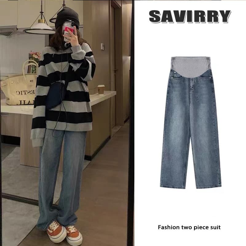 Maternity Jeans Fall/Winter Loose Fit Belly Band Wide Leg Comfortable Floor-Length Pants Trendy Mom Autumn Wear