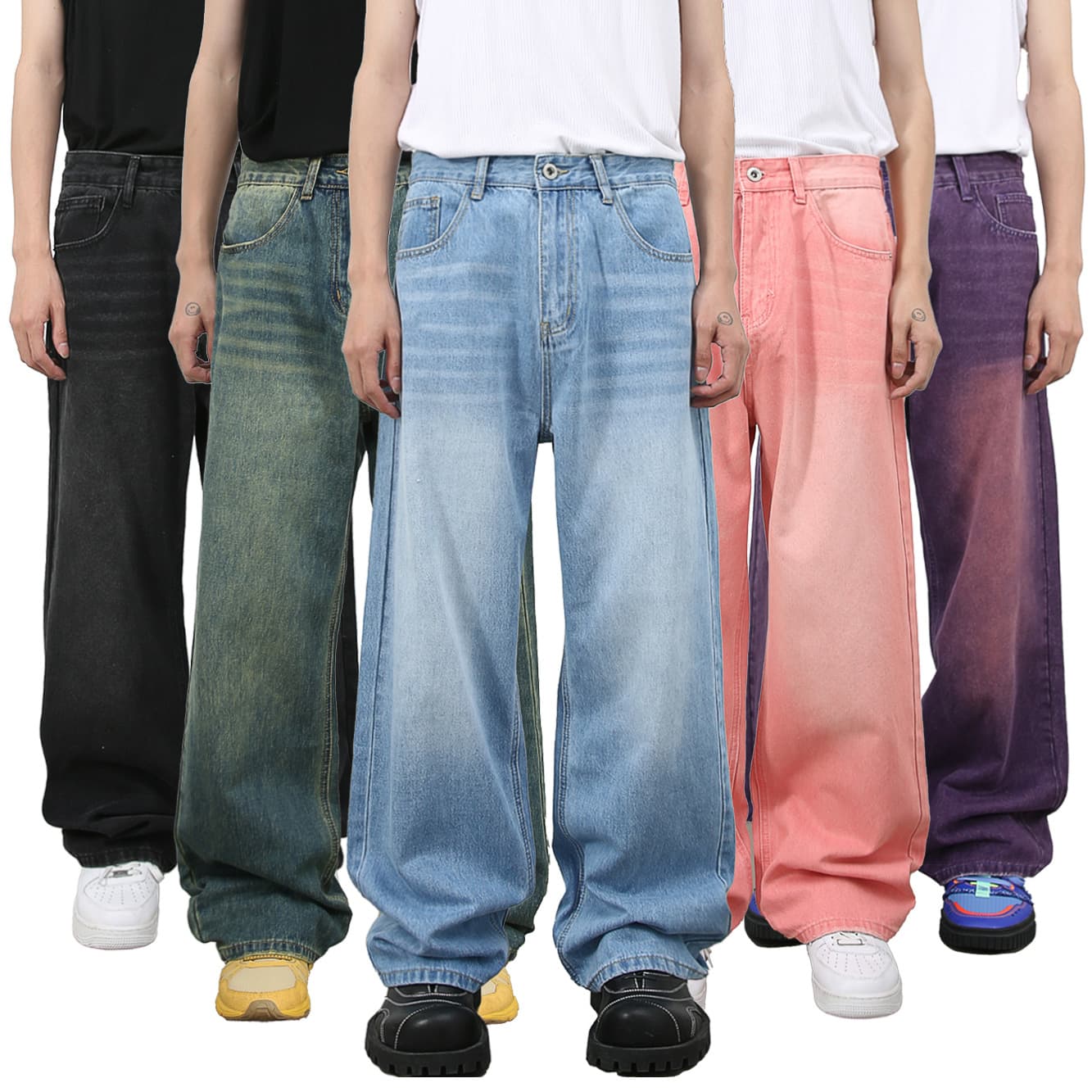 Nirben Denim | American Retro Loose Wide Leg Jeans Men's Fashion Brand Color Straight Pants