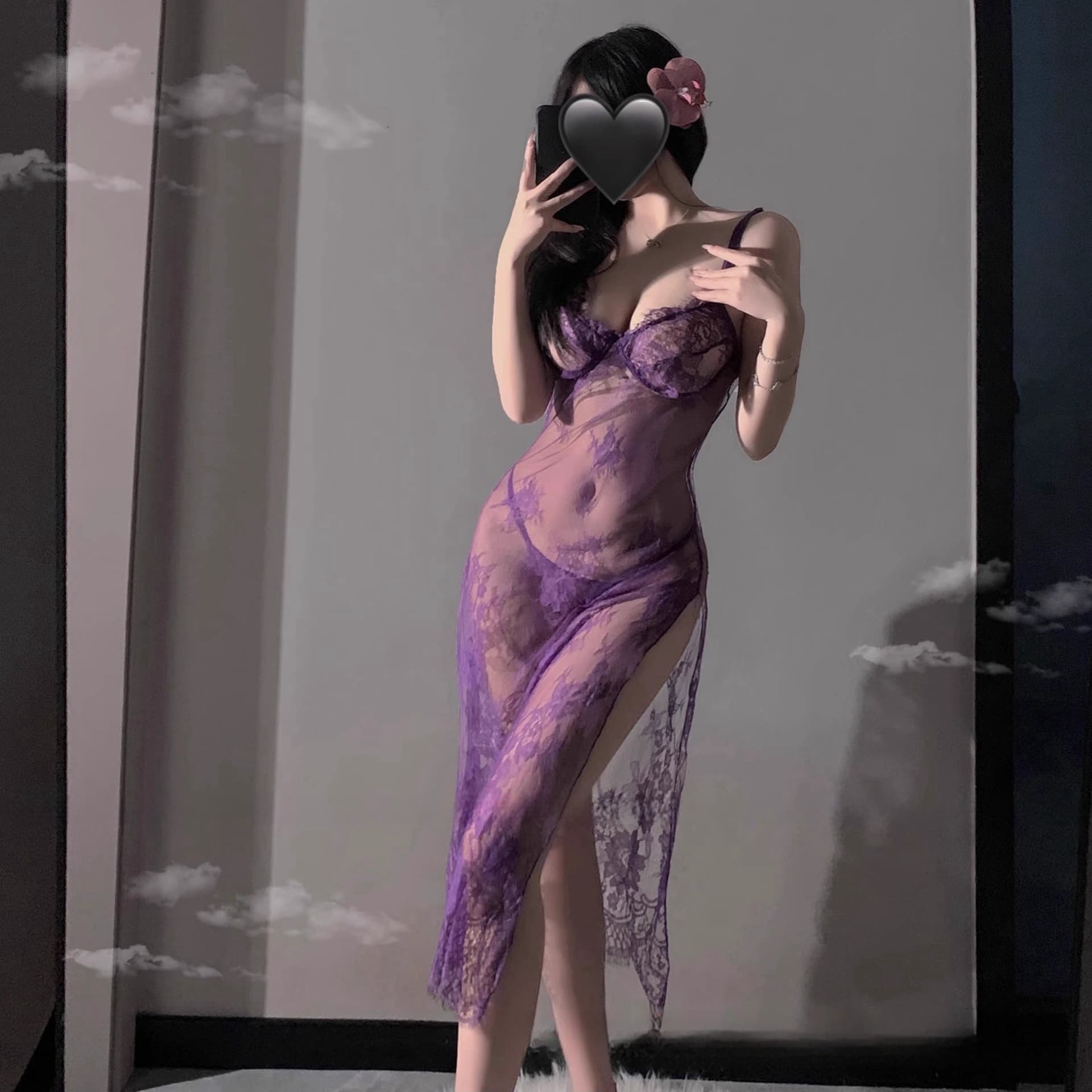New Sexy Lace Nightgown, High-Waist Split Passion Pajamas, Purple Set QQNY