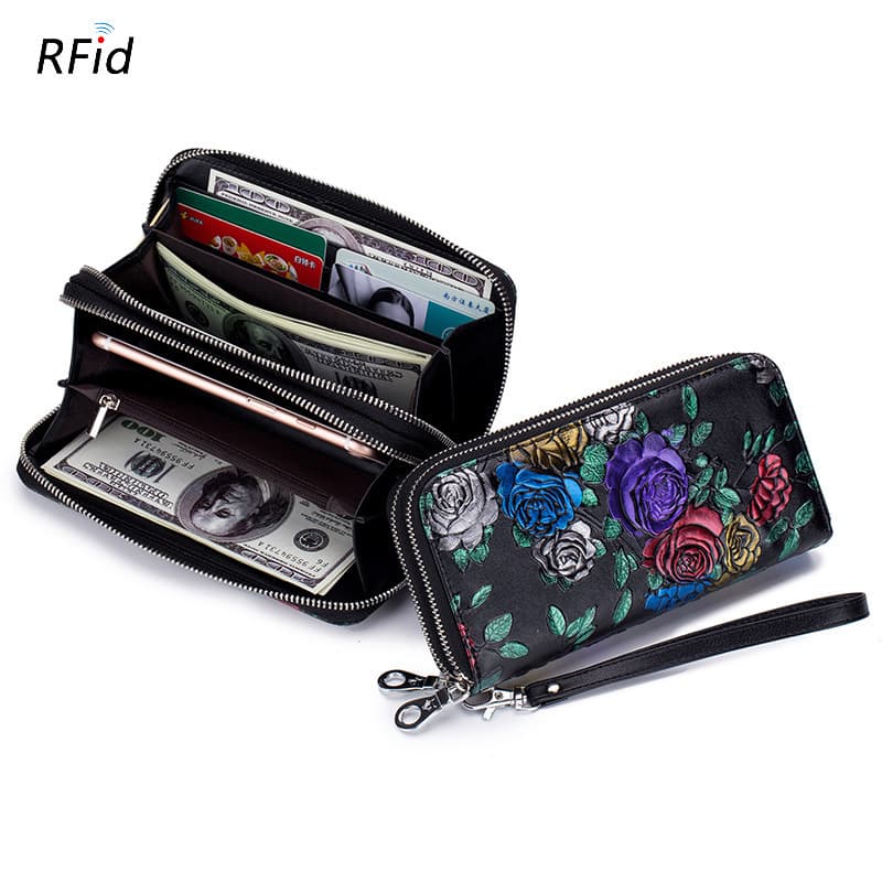 Genuine leather women's large-capacity painted double zipper long wallet with multiple card slots rose money clip wallet women