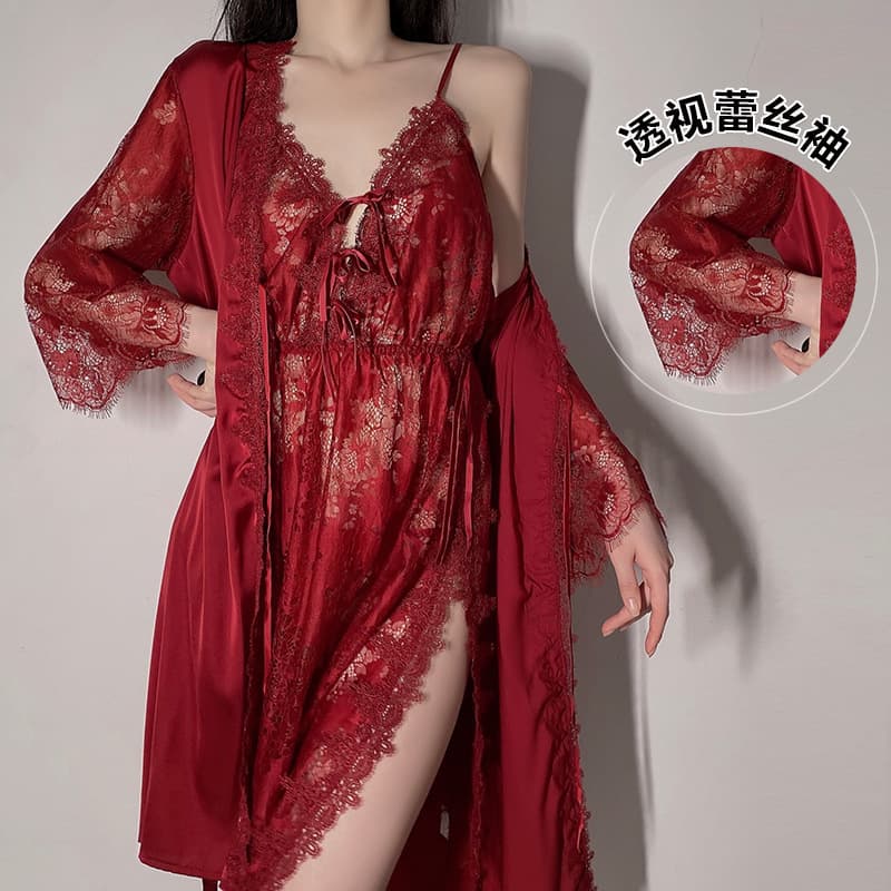 Guiruo Long Tie-Dye Pajamas Plus Size Camisole Nightgown Robe Bathrobe Bride Morning Gown Women's Homewear Set 311