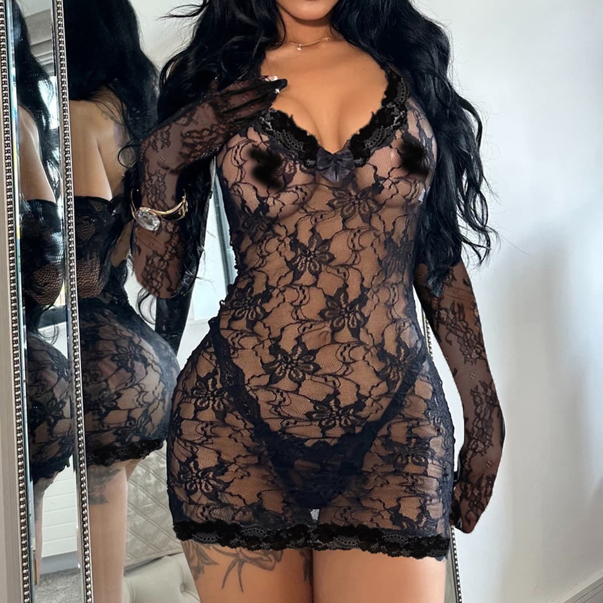 Amazon European and American Sheer Pure Desire Style Jacquard Lace with Gloves Slimming Shaping Halter Neck Sexy Underwear Set