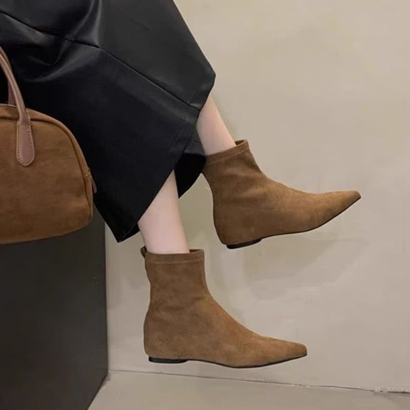 Extremely Slimming~ Suede Pointed Toe Slim Boots for Women, Inner Height Increase Stretchy Boots, Short Boots, Sock Boots, Flat Boots, Autumn