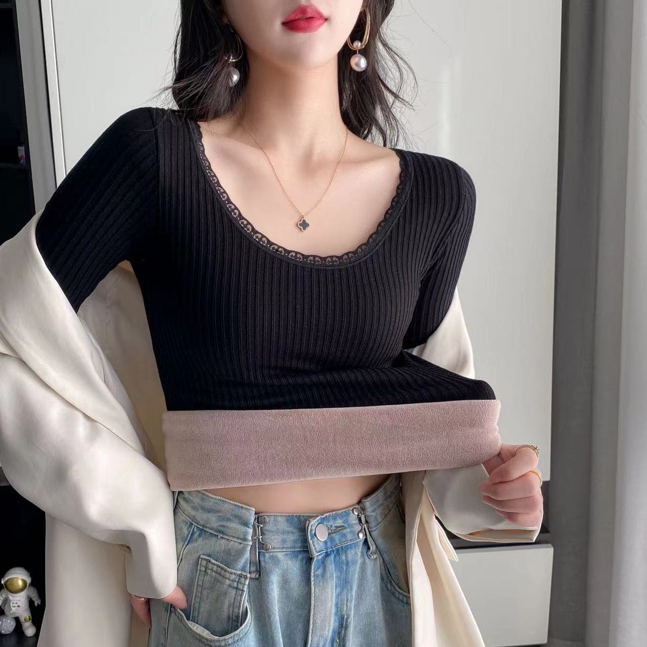 Women's Lamb Wool Warm Top, New Winter Style Fleece-Lined Thickened Elastic Slim-Fit Base Layer Shirt Trendy Underwear