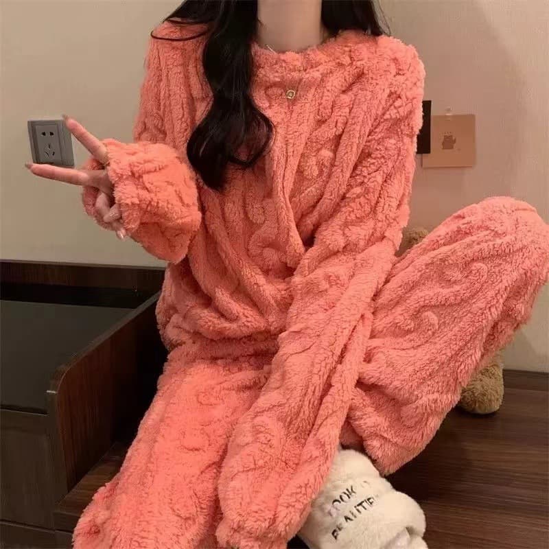 Coral Fleece Pajamas Autumn Winter Jacquard Lined Thick Homewear Two-Piece Set Wear-Out Loose Couple Warm Suit