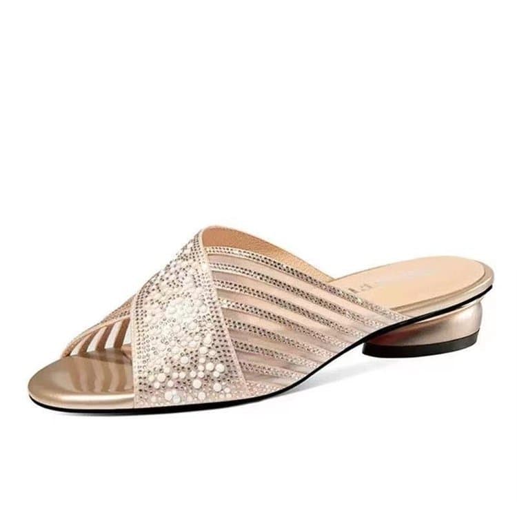 Genuine Leather Mesh Rhinestone Flat Sandals for Women Summer 2026 New Style Elegant Peep-Toe Low-Heel One-Strap Mules